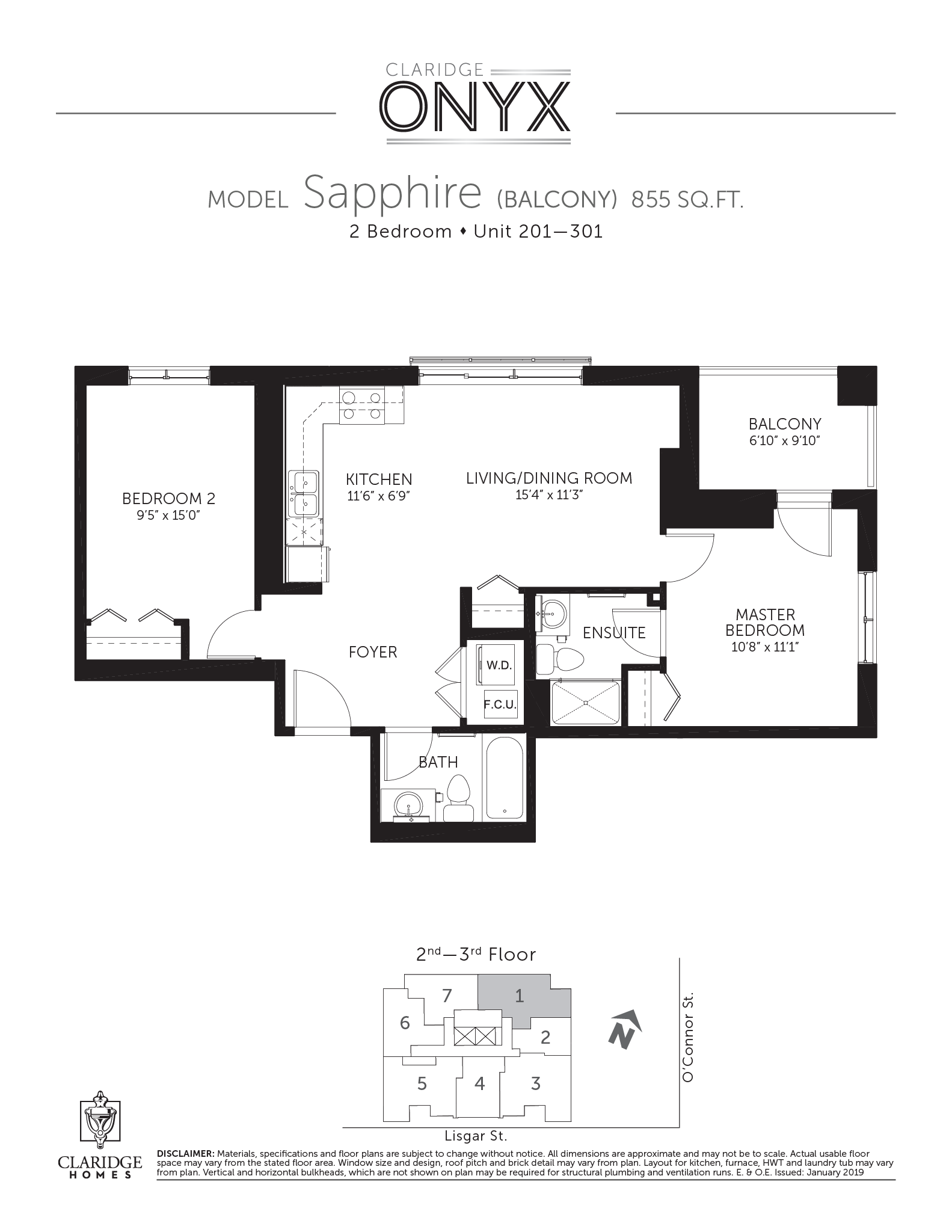 Floor plan for 2 beds, 2 baths, 855 sqft